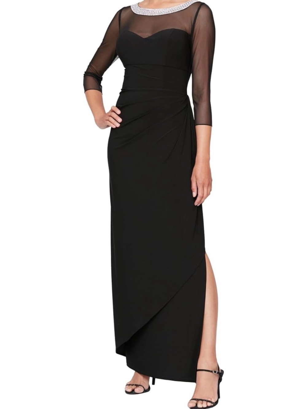 Alex Evenings Black Mesh Evening Dress with Embellished Neckline